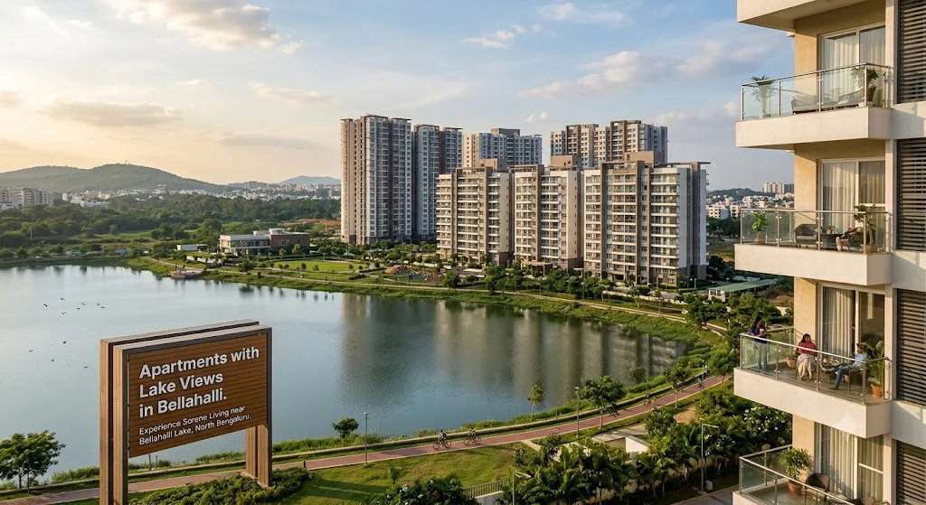 Exterior view of modern residential apartments overlooking a scenic lake in Bellahalli.